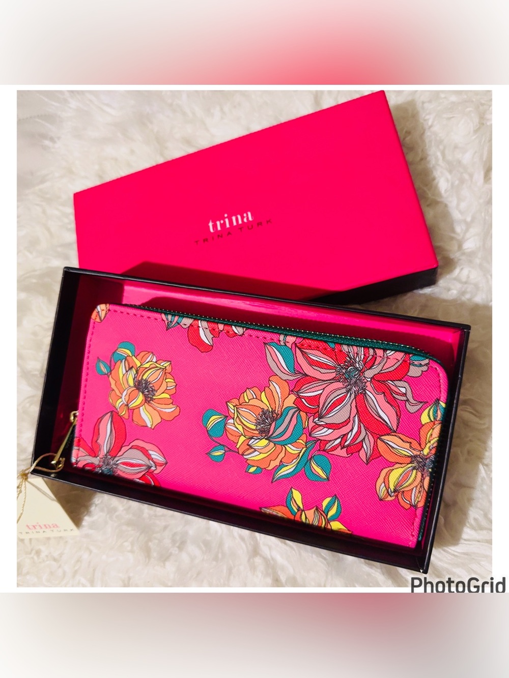 Trina Turk Hot Pink Floral Zip Wallet with Multicolor Blooms